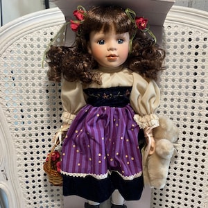 Vintage - Heirloom Collection - 16&quot; Collectible Porcelain Doll - #44220 - Brown Hair - Blue Eyes - Purple Cotton, Black Velvet and Tan Dress