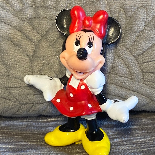 Vintage - Disney - Small - 2.5" - Minnie Mouse -Bendy Toy Figure -Red Polka Dot Dress - Solid Red Bow - White Blouse & Gloves - Yellow Shoes