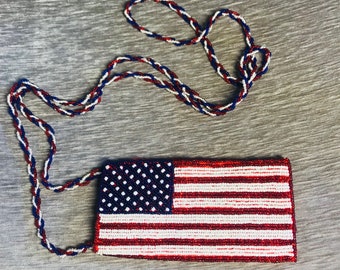 BEADED American Flag - Vintage - Purse - Sunglass Bag - Pouch - Seed Beads and Pearls - USA - 4th of July - Accessory - Patriotic - Politics