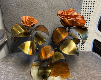 Vintage-Brutalist -Art -Metal Flower Sculpture -Mid Century Modern -Original Art -Rose Sculpture -Pansy Sculptuer - Mounted on Marble