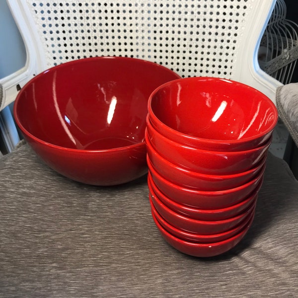 Vintage - Red Cherry - Round Bowls - Waechtersbach - Germany - Available: One 11.5" Serving Bowl Round and Eight 6" Soup or Salad Bowls