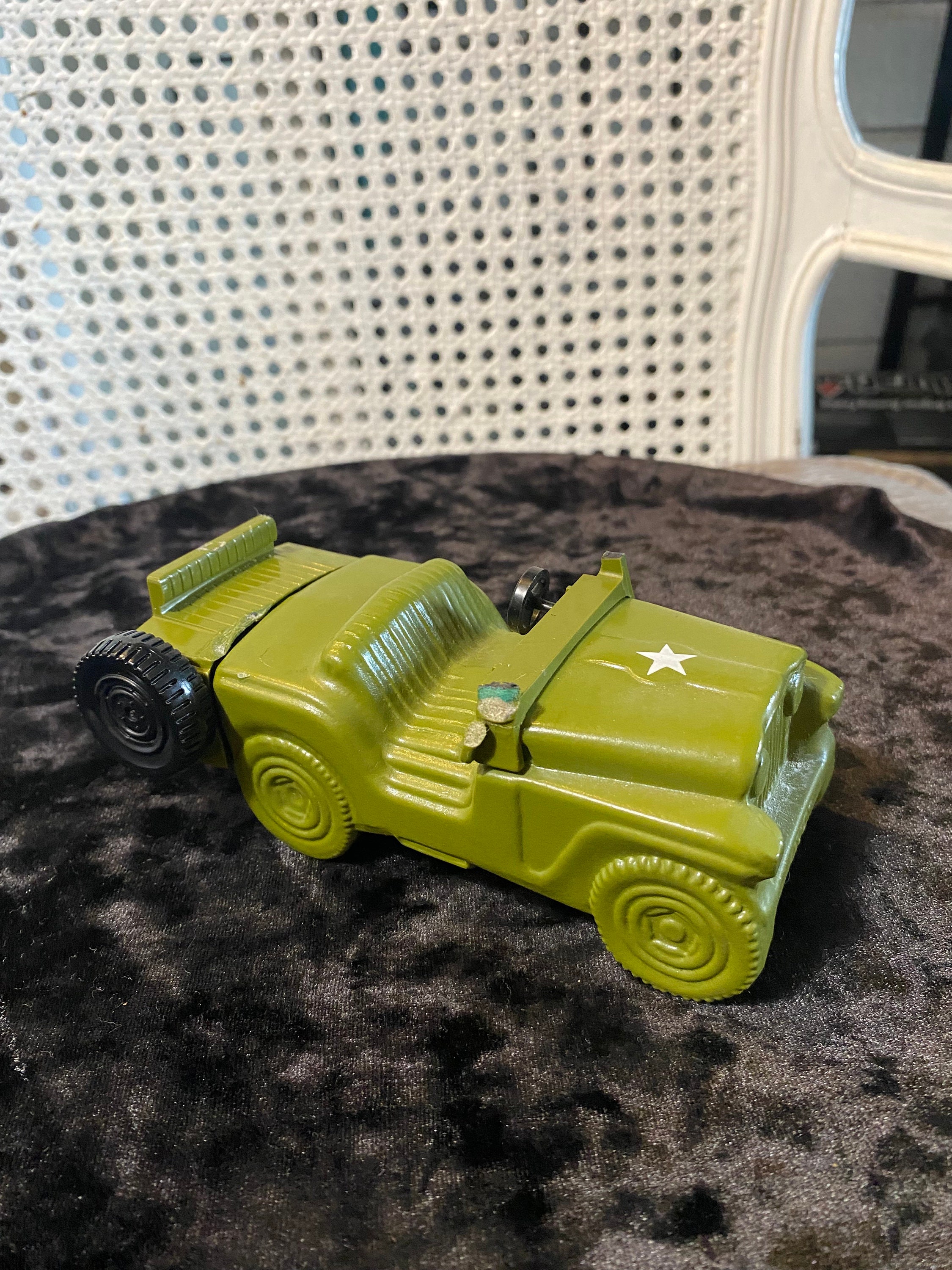 Vintage Avon Army Jeep Decanter: Green Glass 