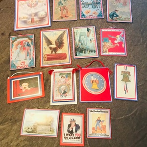 Conjunto de 15 - Vintage - Tapeçarias patrióticas - Feitos à mão - Cartões postais e imagens montadas em cartolina e papel - Vários tamanhos