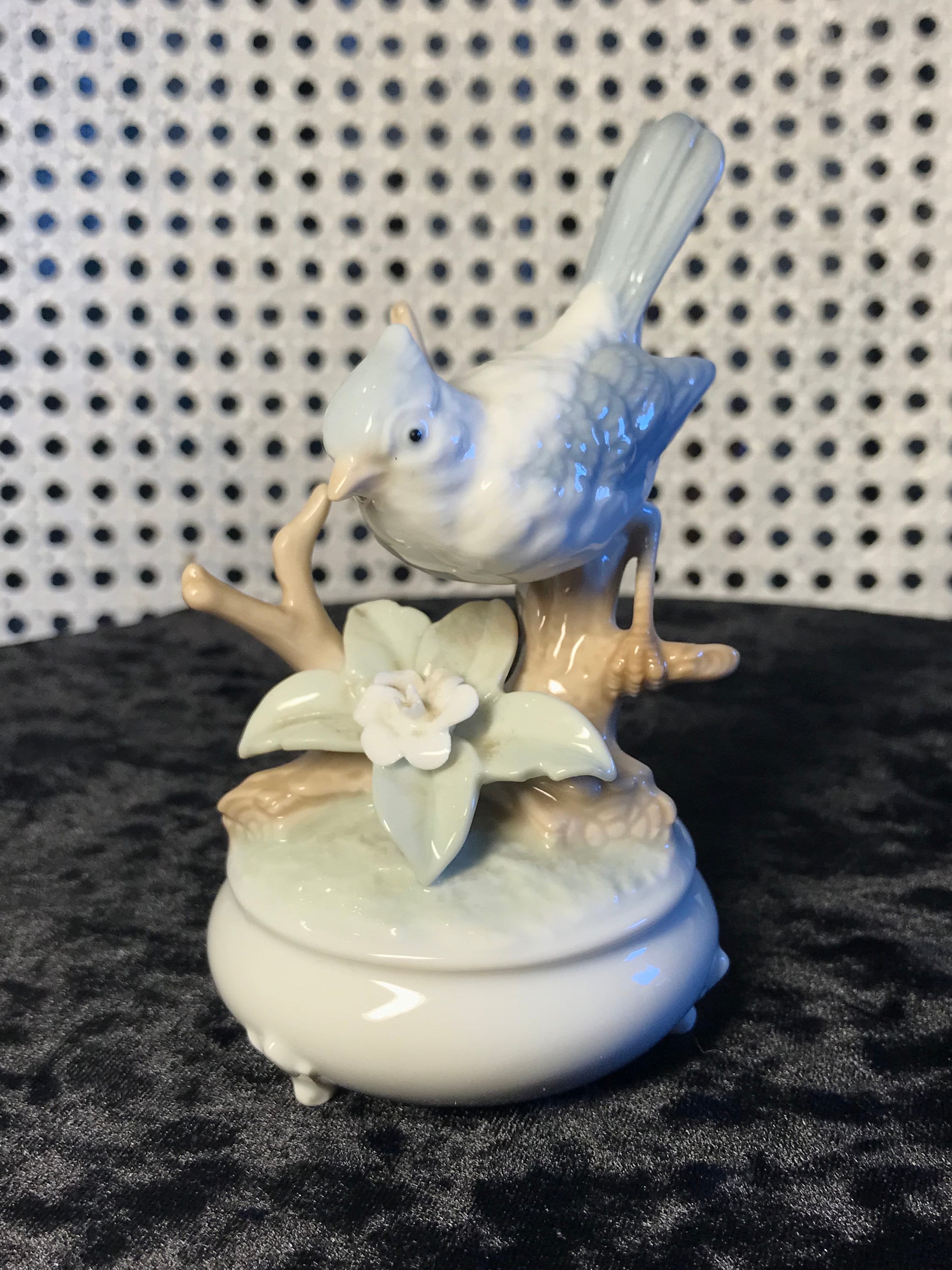 Vintage Westland Porcelain Bird Music Box: Blue & White Figurine