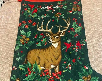 Vintage handgemaakte kerstsok uit de jaren 90: Geborduurde naam "Mark" bovenaan, doorgestikt - Bosthema - Gepersonaliseerd met de naam "Mark"