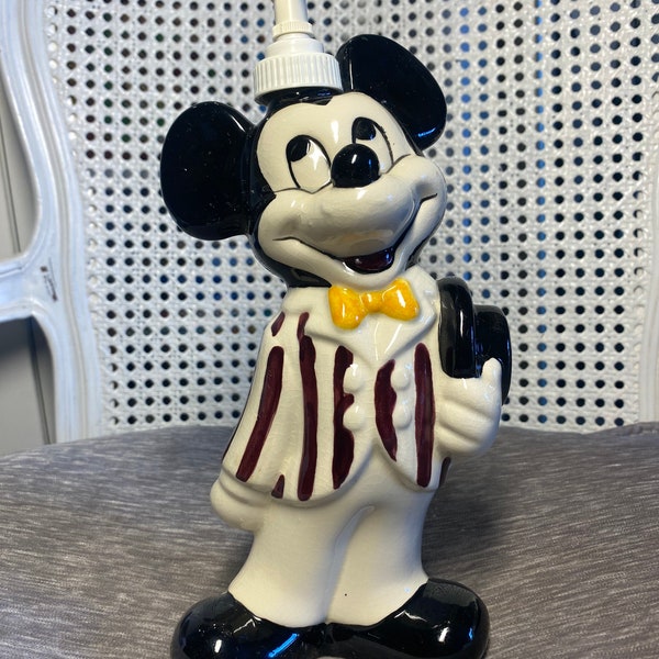 Vintage - 1970's - Mickey Mouse - Condiment or Soap Dispenser - Black & White Mickey - Red Striped Coat - Black Hat in Hand - Yellow Bow Tie