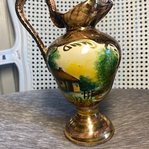 Vintage - 1950&#39;s - Brown Pitcher Vase - Gold Accents and Trim - Belgium - Hand Painted - Decorative - Partial Gold Print on Vase