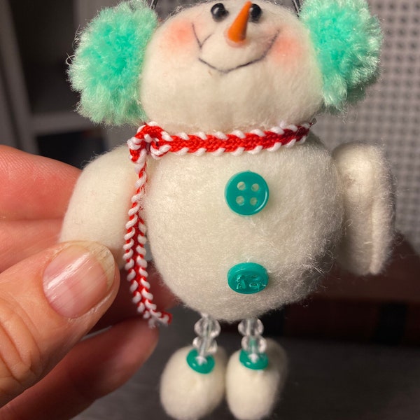 Vintage - 1980's - Sweet Holiday Brooch - Pin - Stuffed Snowman with Green Earmuffs - Clear Beaded Legs and Stuffed Plush Feet and Arms