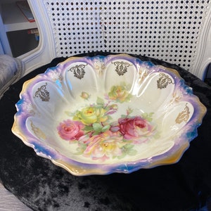 Gorgeous - Antique - Early 1900-1910 - Fruit or Serving Bowl -Hand Decorated -Bavarian Region of Germany -Blue, Purple, Pink, Green & Yellow
