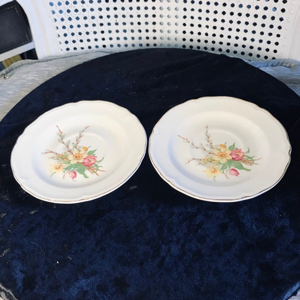 Vintage -  1940's - Edwin M Knowles - Porcelain China - Replacement Saucer's for Teacups - Pair of Two (2) - Daffodils and Willow Bouquet