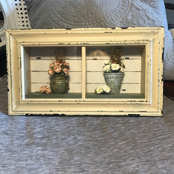 Shadow Box - Vintage - 1970's - Wall Hanging - Dried Flowers in Vases - Shabby Chic - Cottage Chic - Farmhouse Chic - Pale Yellow Wood Frame