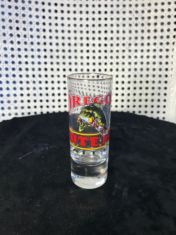 Vintage Shot Glass Tall Oregon Bite Me Bait Company Gold Rimmed