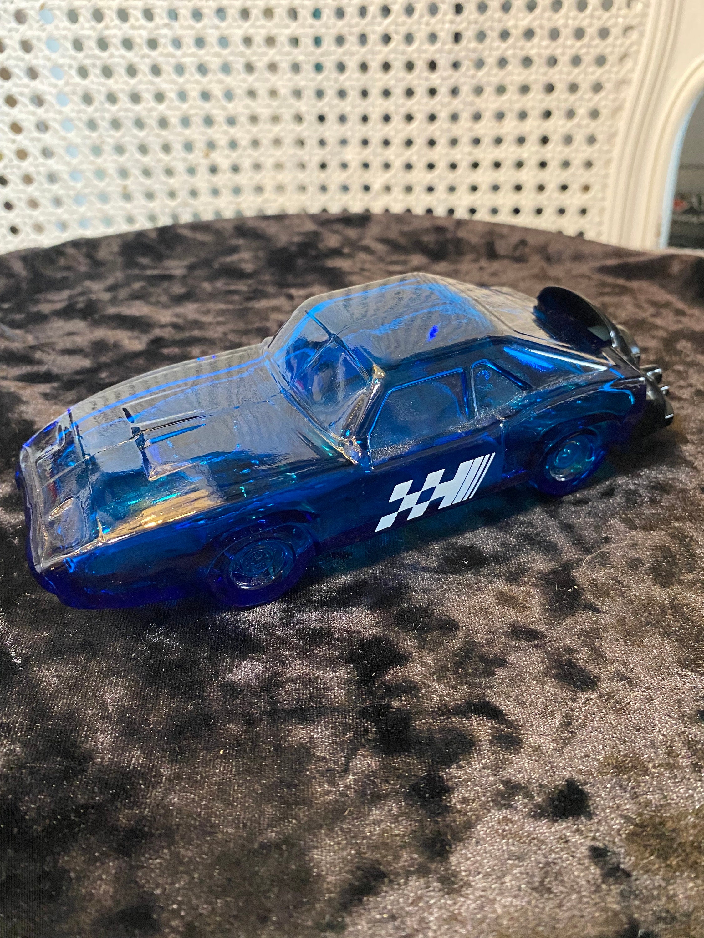 Vintage 1970s Avon Blue Glass Car Decanter: Wild Country After Shave Bottle