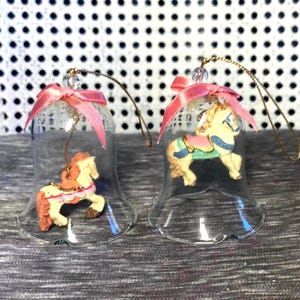 Vintage 1980s Carrousel Horse Bell Ornaments: Hand-Painted Porcelain, Crystal Bells (Pair)