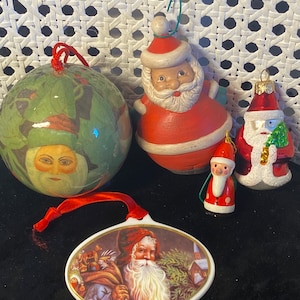 Group of Five (5) Miscellaneous- 1970&#39;s and 1980&#39;s - SANTA- Christmas Tree Ornaments - Glass - Wood - Paper Mache&#39; - Bone China and Ceramic