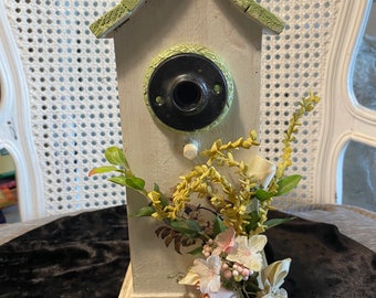 Vintage - 1990’s -Hand Made -Birdhouse- Old Doorknob Base Recycled as Bird Hole Entrance-Victorian Ribbon Roses -10.5" T x 4.5" W x 4.5" D