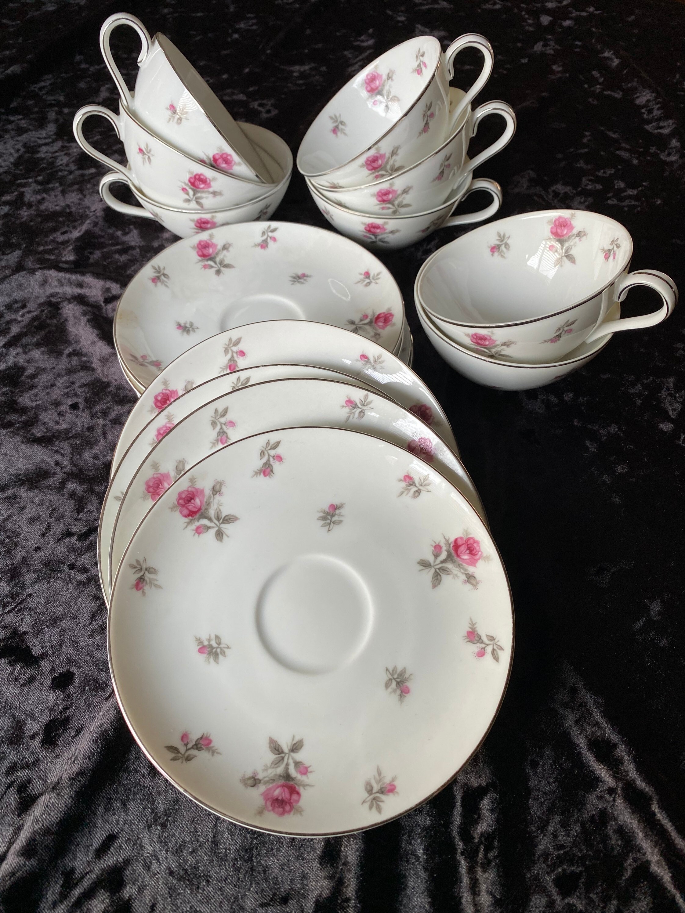 Vintage Meito China Teacup Set: Rosechintz, Silver Rim (8