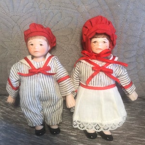 Vintage - 1984 - Miniature Girl and Boy Porcelain Dolls - by Faith Wick - For Silvestri - Red Cap and Bonnet - Black & White Striped Outfits