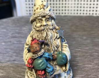 Vintage 1990s Resin Wizard Santa Figurine with Jester Bear