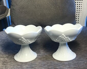 Milk Glass Candlestick Holders with Grape Vines and Fluted Edge - Vintage