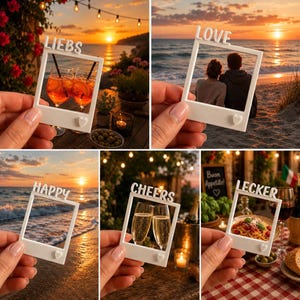 Könnte beinhalten: Ein weißer Kunststoffrahmen in Form eines quadratischen Sofortbildfotos mit einem kleinen Herz am unteren Rand. Der obere Teil des Rahmens zeigt erhabene Buchstaben, die verschiedene Wörter wie LIEBS, LOVE, HAPPY, CHEERS und LECKER bilden.