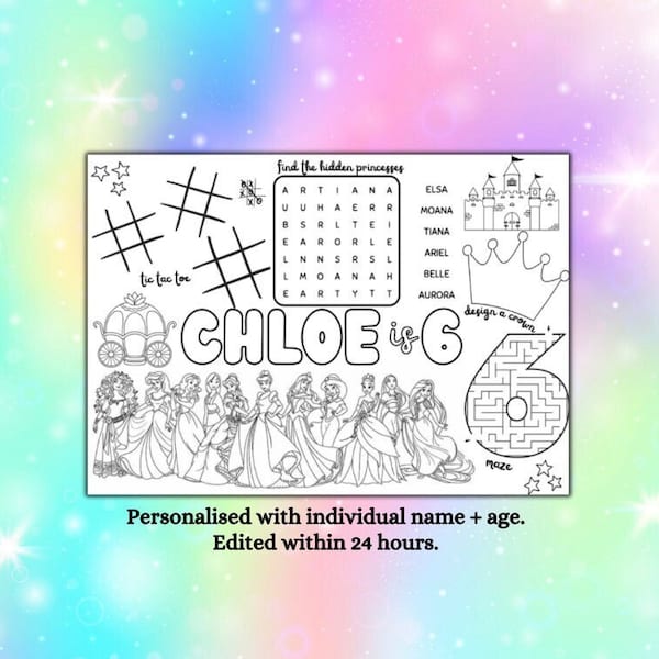 Personalised DIGITAL DOWNLOAD Princess Party Place Mat | Colouring Sheet | Activity Sheet