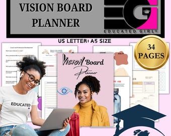May include: A vision board planner with 34 pages, featuring a pink and white cover with the text "Vision Board Planner" in black. The planner is designed for US Letter or A5 size paper. The image also shows a woman using a laptop, suggesting the planner can be used for digital planning.