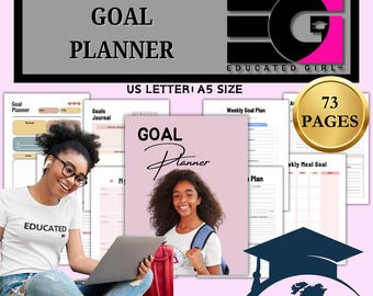 May include: A pink and white goal planner with the text "GOAL Planner" in black cursive writing. The planner has 73 pages and is available in US Letter and A5 sizes. The planner is shown with a young woman using a laptop.