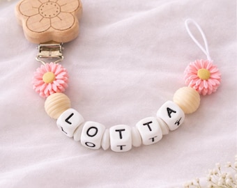 Personalized baby pacifier clip with name, handmade pacifier chain, silicone beads, wooden letter, baby girl/boy gift
