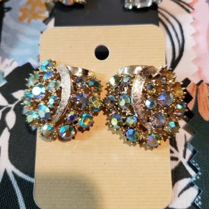 Vintage Aurora borealis crystal clip earrings