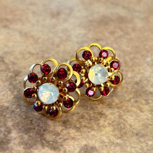 Vintage Red Rhinestones and Glass Moonstone Gold Tone Screwback Earrings