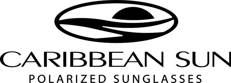 May include: Black and white logo for Caribbean Sun Polarized Sunglasses. The logo features a stylised sun setting over a wave.