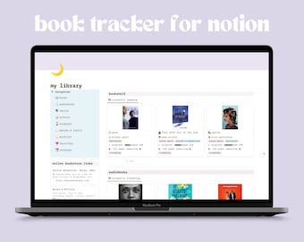 May include: A laptop screen displaying a book tracker for Notion. The screen shows a list of books and audiobooks, with covers and details like author, genre, and progress. The title "my library" is at the top of the screen, and the text "bookshelf" and "audiobooks" are used as headings.