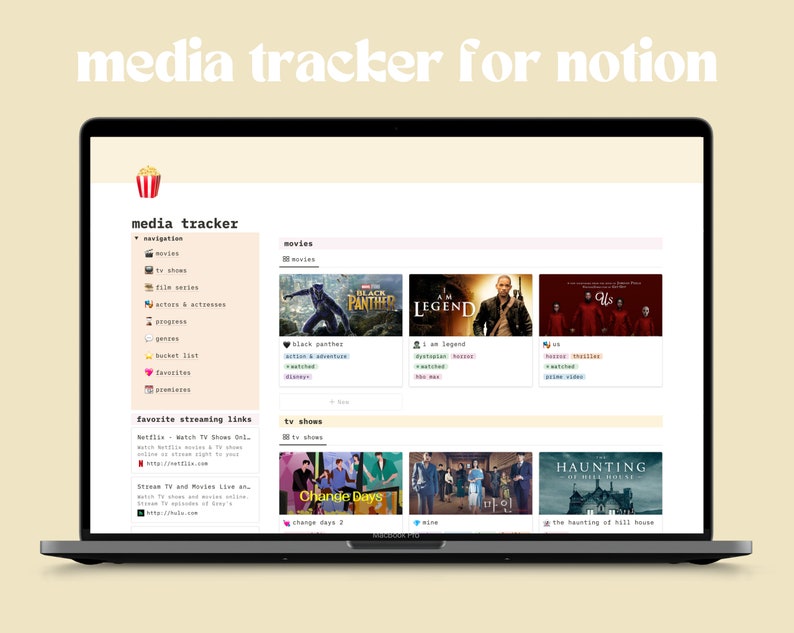 Może przedstawiać: Zrzut ekranu strony internetowej o nazwie "media tracker for notion" z ikoną popcornu w lewym g&oacute;rnym rogu. Strona internetowa jest trackerem multimedialnym dla film&oacute;w i program&oacute;w telewizyjnych. Strona internetowa ma pasek nawigacyjny po lewej stronie z kategoriami takimi jak "filmy", "programy telewizyjne", "aktorzy i aktorki", "gatunki", "postęp", "lista życzeń", "ulubione" i "premiery". Strona internetowa ma r&oacute;wnież sekcję dla ulubionych link&oacute;w do strumieniowania, z linkami do Netflix, Hulu i Amazon Prime Video. Strona internetowa ma sekcję dla film&oacute;w, z listą film&oacute;w, kt&oacute;re zostały obejrzane, i sekcję dla program&oacute;w telewizyjnych, z listą program&oacute;w telewizyjnych, kt&oacute;re zostały obejrzane.