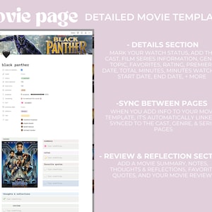 Może przedstawiać: Zrzut ekranu z szablonu strony filmu na komputerze, z filmem "Black Panther" jako przykładem. Szablon zawiera sekcje dotyczące szczeg&oacute;ł&oacute;w, synchronizacji między stronami oraz recenzji i refleksji.