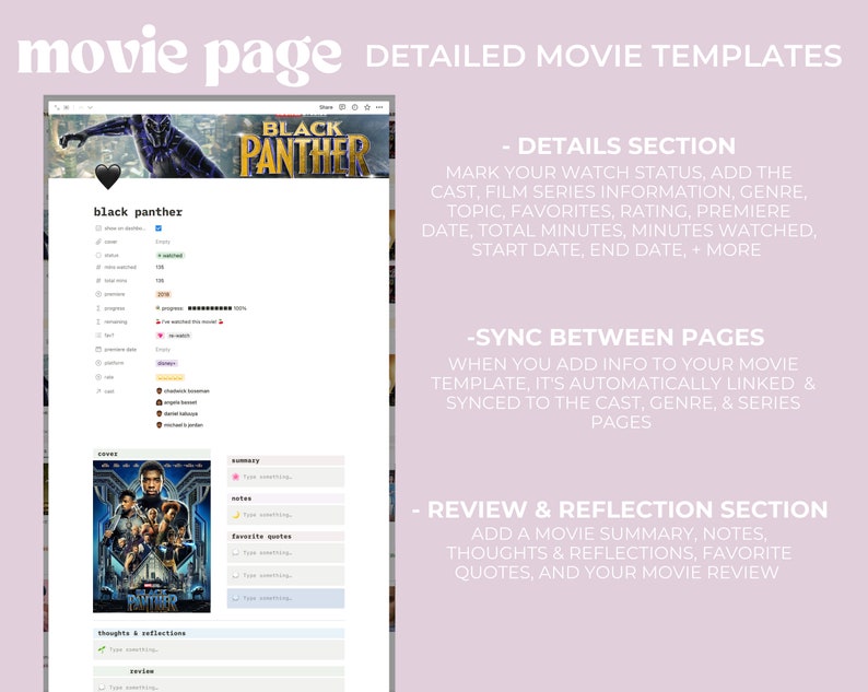 Może przedstawiać: Zrzut ekranu z szablonu strony filmu na komputerze, z filmem "Black Panther" jako przykładem. Szablon zawiera sekcje dotyczące szczeg&oacute;ł&oacute;w, synchronizacji między stronami oraz recenzji i refleksji.