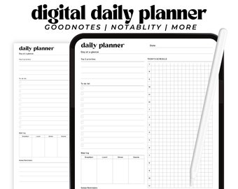 May include: A digital daily planner template for Goodnotes and Notability apps. The template features a daily schedule, to-do list, meal log, and notes section.