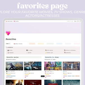 Może przedstawiać: Zrzut ekranu strony internetowej z ikoną r&oacute;żowego serca i tekstem "favorites page". Strona internetowa to tracker multimedialny, kt&oacute;ry pozwala użytkownikom odkrywać swoje ulubione filmy, programy telewizyjne, gatunki i aktor&oacute;w/aktorki. Strona internetowa ma pasek nawigacyjny z opcjami dla film&oacute;w, program&oacute;w telewizyjnych, serii filmowych, listy życzeń, aktor&oacute;w i aktorek oraz premier. Strona internetowa ma r&oacute;wnież sekcję dla ulubionych film&oacute;w i ulubionych program&oacute;w telewizyjnych, z obrazami popularnych film&oacute;w i program&oacute;w telewizyjnych.