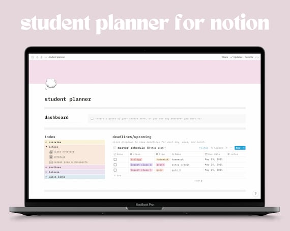 Student Planner For Notion, College Notion Template, Assignment Tracker, Digital Planner, School Digital Notion Planner (DIGITAL DOWNLOAD)