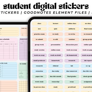 May include: A set of 148 digital stickers for Goodnotes, featuring colorful, illustrated stickers with text related to school and studying. The stickers include phrases like "to do", "work on", "class schedule", "homework", "to study", "due this week", "final grades", "essay", and "proofread".