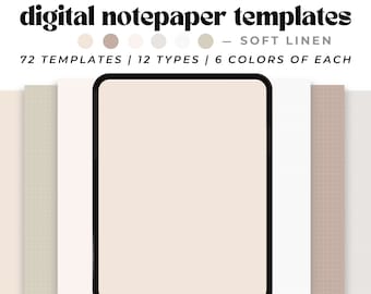 May include: A digital notepaper template with a soft linen texture. The template is displayed on a tablet screen with a black frame. The template is available in 72 different designs, 12 types, and 6 colors.