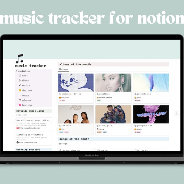 Notion Music Tracker, Aesthetic Music Notion Template, Daily Notion Planner, Kpop Digital Planner, Aesthetic Student Planner Template