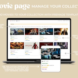 Może przedstawiać: Ekran laptopa wyświetla stronę internetową do zarządzania kolekcją film&oacute;w. Strona zawiera listę film&oacute;w z plakatami, tytułami i ocenami. Strona zawiera r&oacute;wnież sekcję do dodawania szczeg&oacute;ł&oacute;w dotyczących film&oacute;w, takich jak status oglądania, ocena, platforma streamingowa i obsada. Tekst na ekranie brzmi "movie page MANAGE YOUR COLLECTION ADD MOVIES TO YOUR COLLECTION WITH PREMADE TEMPLATES".