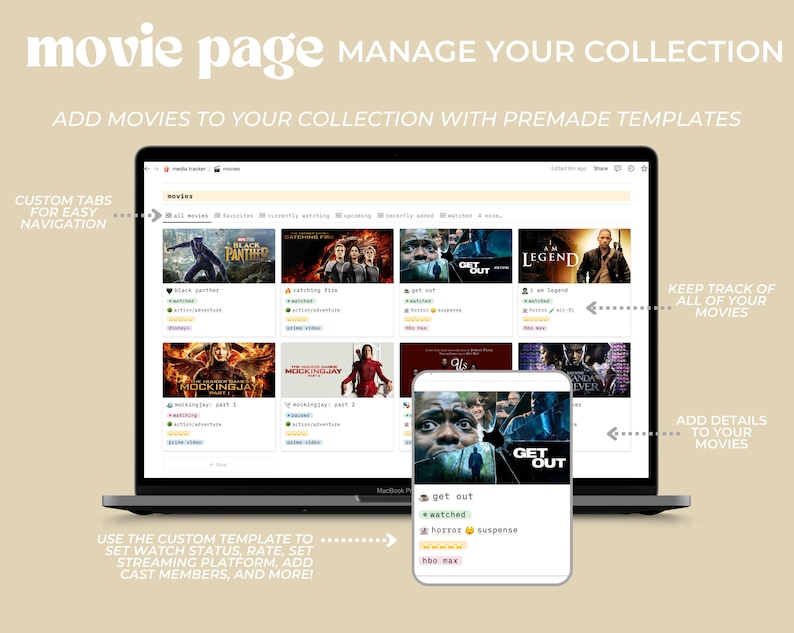 Może przedstawiać: Ekran laptopa wyświetla stronę internetową do zarządzania kolekcją film&oacute;w. Strona zawiera listę film&oacute;w z plakatami, tytułami i ocenami. Strona zawiera r&oacute;wnież sekcję do dodawania szczeg&oacute;ł&oacute;w dotyczących film&oacute;w, takich jak status oglądania, ocena, platforma streamingowa i obsada. Tekst na ekranie brzmi "movie page MANAGE YOUR COLLECTION ADD MOVIES TO YOUR COLLECTION WITH PREMADE TEMPLATES".