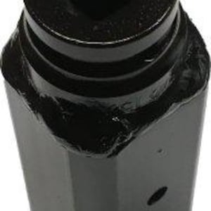 May include: Black metal socket adapter with a square opening and a hexagonal outer shape.