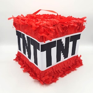 May include: Red and white Minecraft TNT piñata with a handle. The piñata is shaped like a cube and has the word "TNT" written on it in black letters.