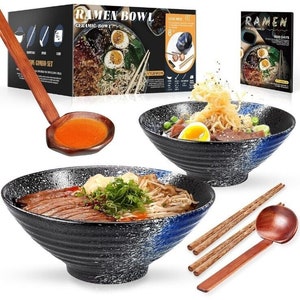 Japanese Ramen Bowls with Lid Spoon,Ceramic Ramen Bowl Hand Drawn Rice Bowl  Retro Tableware Noodle Bowl 6.5 inch,A-Black-White