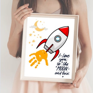 Empreinte artistique de fusée pour la fête des pères, oeuvre d'art de l'empreinte de main de papa, enfant en bas âge, bébé, carte-cadeau bricolage souvenir, cadeau pour papa, PDF prêt à imprimer