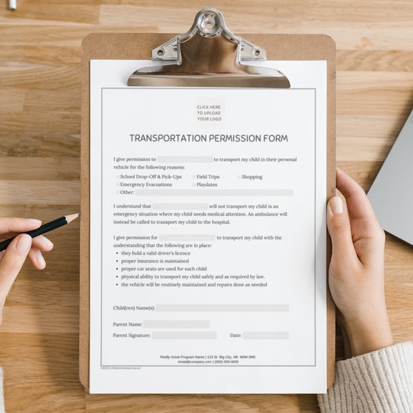 Daycare Transportation Permission Form, Agreement Slip, Family Home Daycare, Preschool, Child Care Center, Editable Fillable Printable PDF