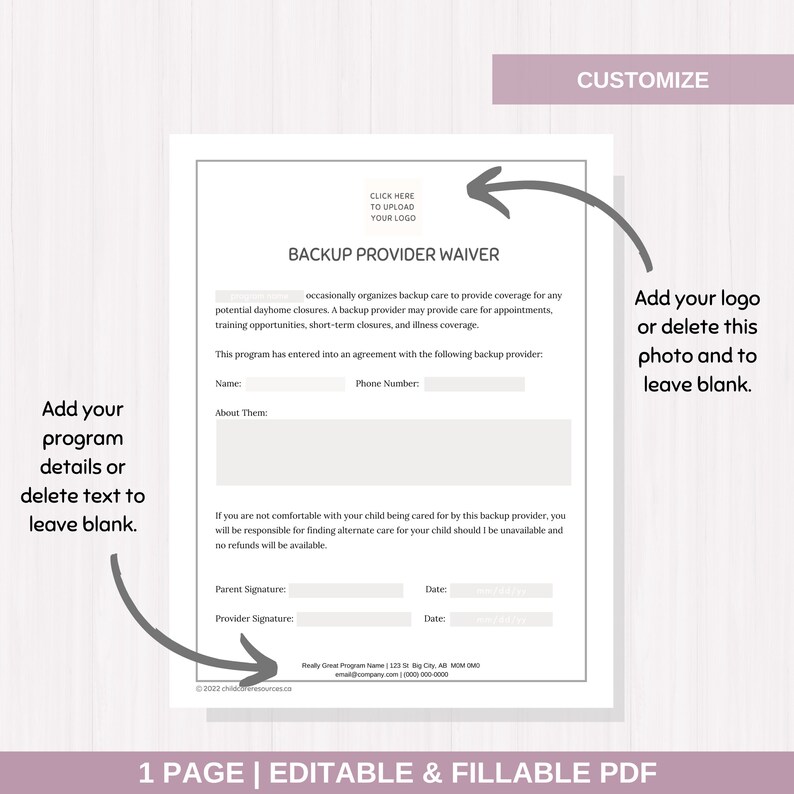 Home Daycare Backup Provider Waiver Form, Substitute Provider, Daycare ...